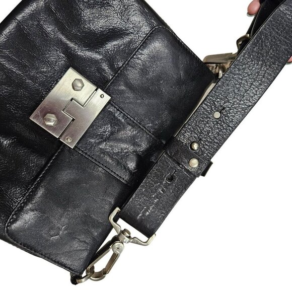 Hobo Y2k RARE 2000s 90s Vintage Black Leather Handbag Shoulder Bag Clasp Boho - Picture 9 of 13